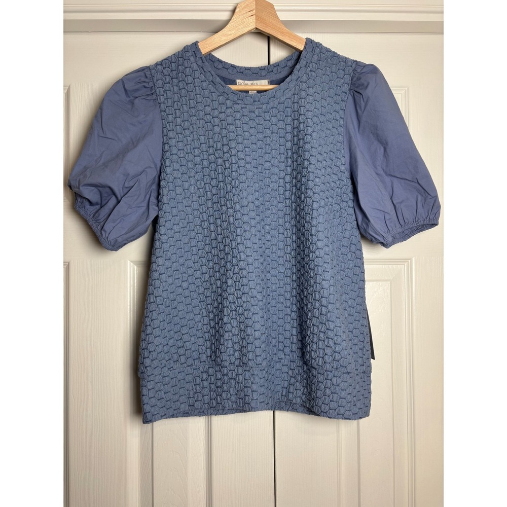 Pale Sky Blue Textured Honeycomb Knit Puff Sleeve Blouse Top PS25662KTN Small